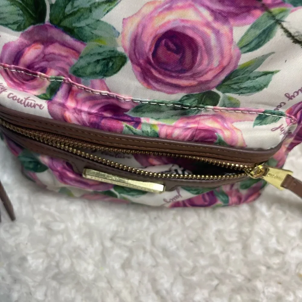 Juicy Couture Nylon mauve roses and green leaf prints mini backpack brown trims.